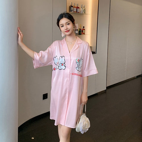 Load image into Gallery viewer, Women&#39;s Summer Lapel Leisure Pajamas Large Size Medium Long Skirt Nightgown Sweet Girls Cartoon Cardigan Home Clothes
