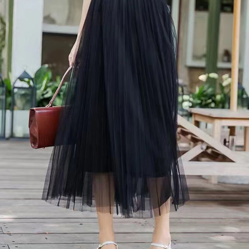 Load image into Gallery viewer, Elegant Women Tulle Skirt  Korean Fashion Mesh White A Line Ladies Pleated Skirt Summer Chic High Waist Black Party Faldas
