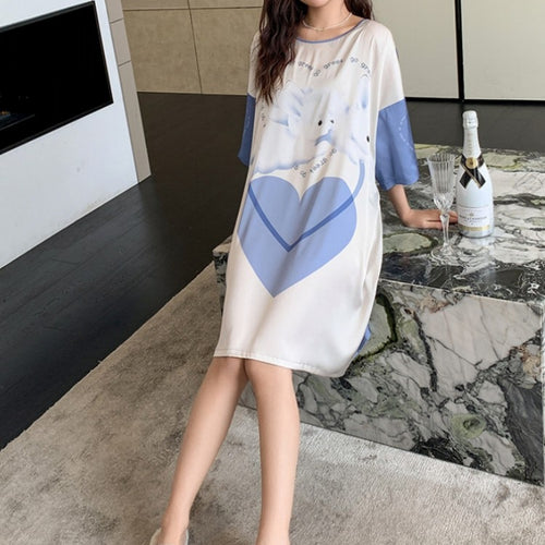 Load image into Gallery viewer, Satin Nightwear Women Short Sleeve Silk Sleeping Dress Casual Sweet Girl Loose Nightdress Summer Mid Length Pajama Skirt
