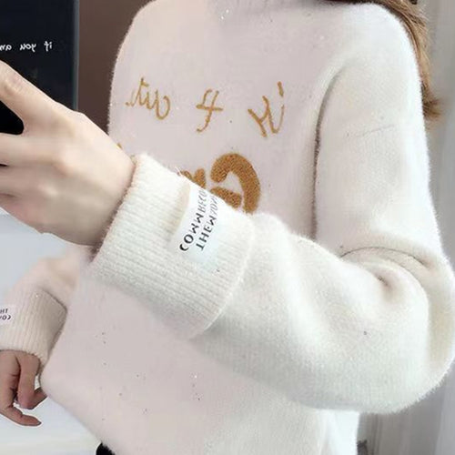 Load image into Gallery viewer, Women Half Turtleneck Sweater Autumn Fashion Letter Loose Pullover Knit Jumper Long Sleeve Letter Top Casual Warm Blouse
