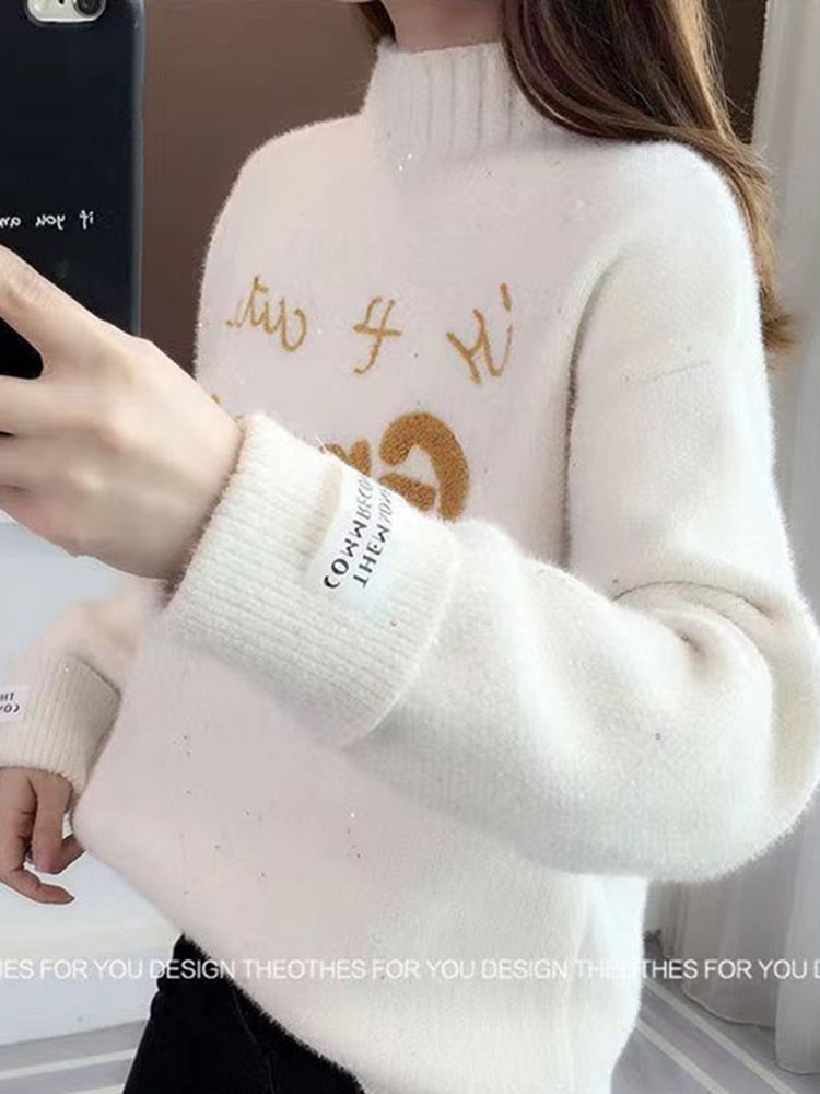 Women Half Turtleneck Sweater Autumn Fashion Letter Loose Pullover Knit Jumper Long Sleeve Letter Top Casual Warm Blouse