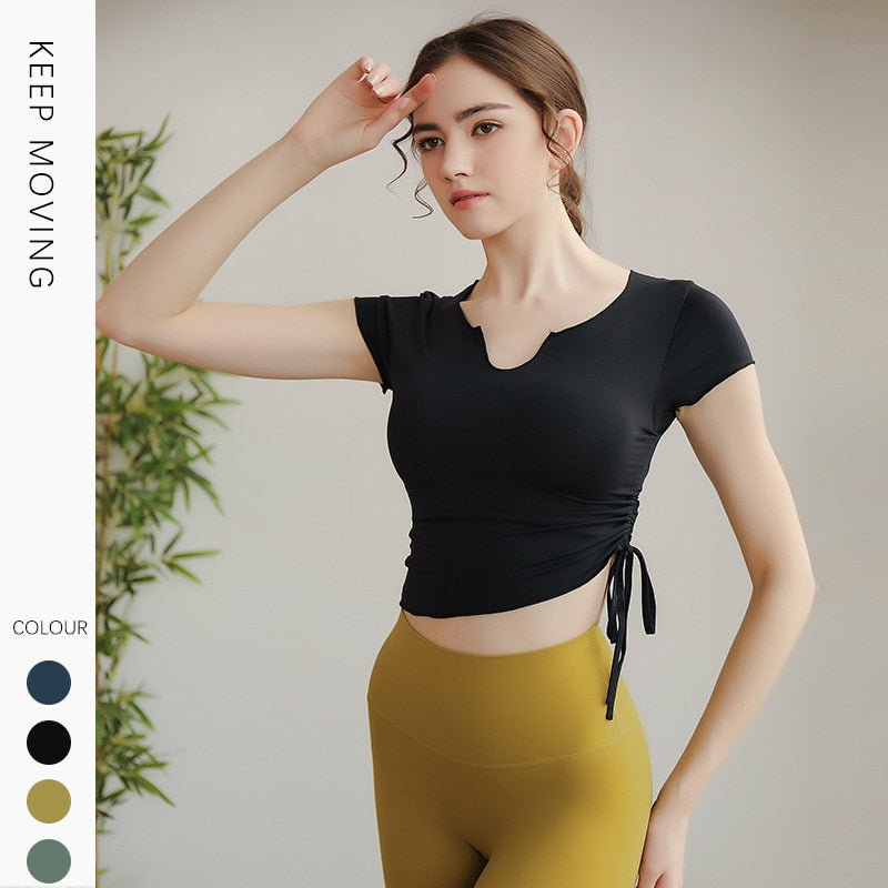 Seamless Women Yoga T-shirt Short Sleeve Drawtring V-neck Cropped Top Gym Running Jogging Active Workout Sportswear 5 Colors