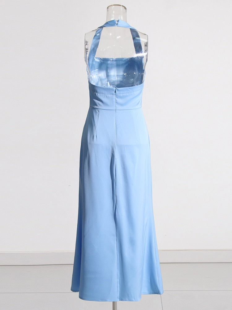 Slim Halter Formal Dresses For Women Sleeveless Backless High Waist Spliced Zipper Solid Long Dress Female Summer