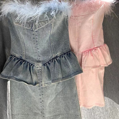 Load image into Gallery viewer, Patchwork Feathers Denim Dresses For Women Strapless Sleeveless High Waist Mini Folds Dress Female Fashion Clothes
