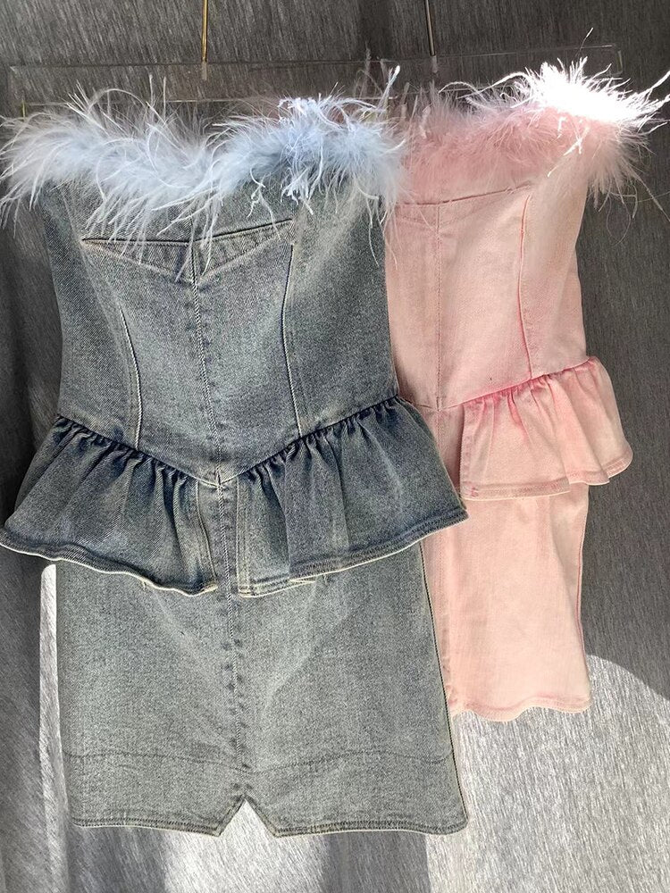 Patchwork Feathers Denim Dresses For Women Strapless Sleeveless High Waist Mini Folds Dress Female Fashion Clothes