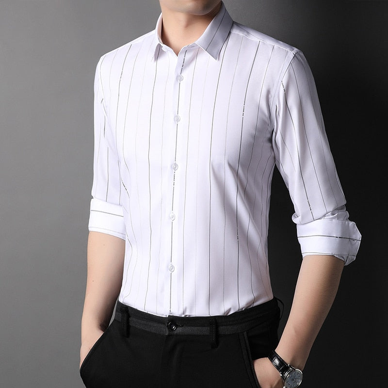 Top Grade Fashion Brand Luxury Designer Shirts Men Vertical Stripes Slim Fit Shirt Long Sleeve Casual Mens Clothing