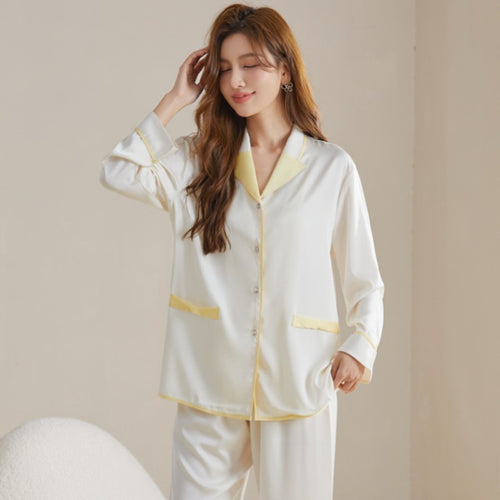 Load image into Gallery viewer, Spring Women&#39;s Imitation Silk Long-sleeved Cardigan Lapel Suit Casual Pajamas Home Clothes Solid Color Two-piece Sets
