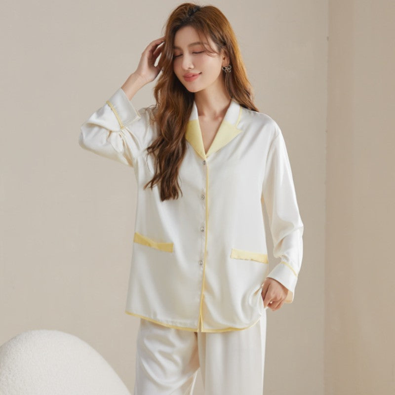 Spring Women's Imitation Silk Long-sleeved Cardigan Lapel Suit Casual Pajamas Home Clothes Solid Color Two-piece Sets