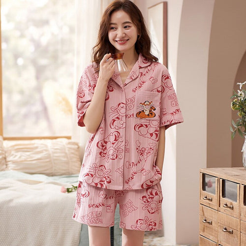 Load image into Gallery viewer, Casual Women&#39;s Pajamas Set Summer Cotton Sleepwear Homewear Short Sleeves Nightgown Cute Cartoon Printed Tracksuit
