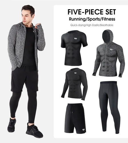 5Pcs Sport Suits Men's Compression Pants Shirt Top Long Sleeve Jacket Athletic Sets Gym Clothing Mens Workout