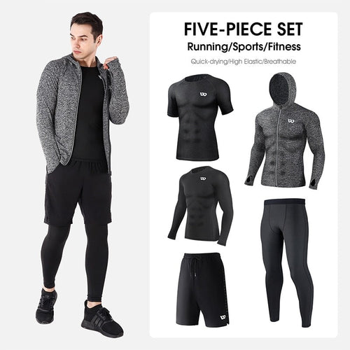 Load image into Gallery viewer, 5Pcs Sport Suits Men&#39;s Compression Pants Shirt Top Long Sleeve Jacket Athletic Sets Gym Clothing Mens Workout
