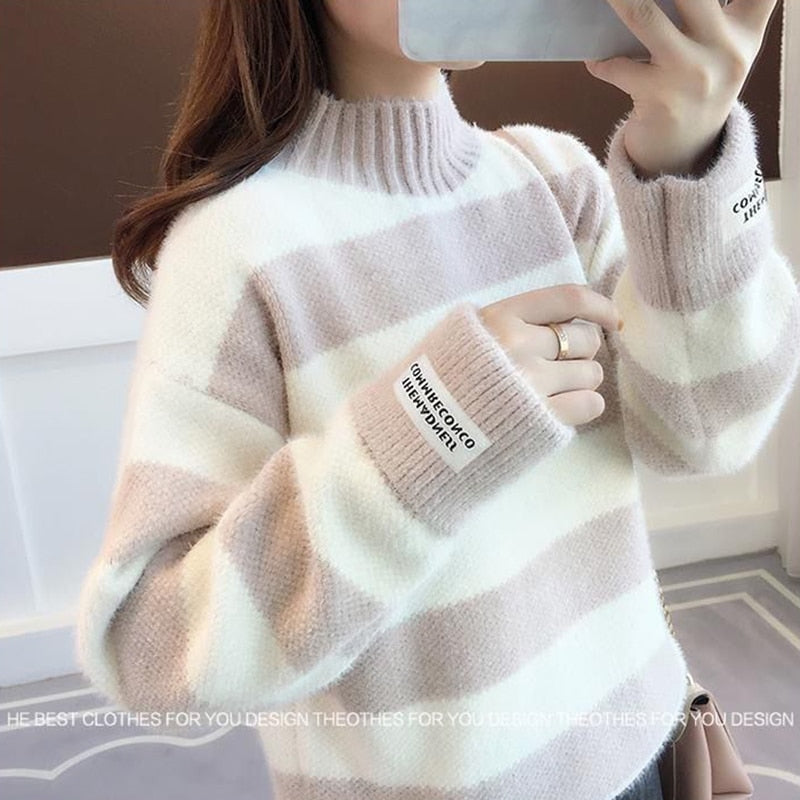 Women Half Turtleneck Sweater Autumn Fashion Striped Loose Pullover Knit Jumper Long Sleeve Letter Top Casual Warm Blouse