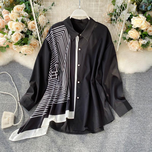 Load image into Gallery viewer, Oversize Women Shirts Fashion Patchwork Irregular White Loose Ladies Button Up Shirt Casual Long Sleeve Fall Female Top
