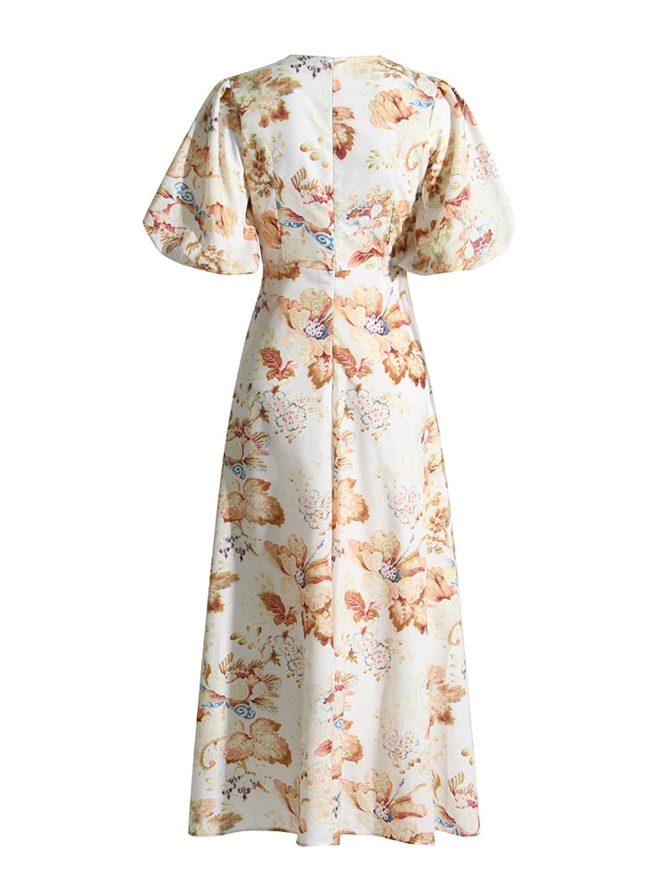 Floral Dresses For Women Round Neck Lantern Sleeve High Waist Elegant Summer Dress Female Fashion