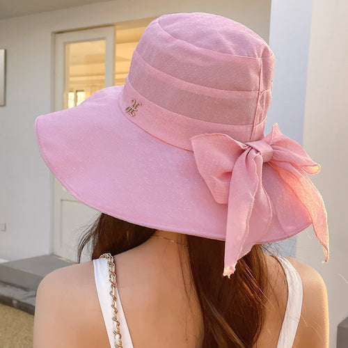 Load image into Gallery viewer, Women Summer Sun Hats Plain Color Fashion Bow Design Sun Hat Female Outdoor Sun Protection Travel Beach Hat
