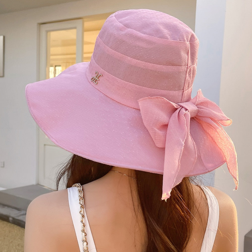 Women Summer Sun Hats Plain Color Fashion Bow Design Sun Hat Female Outdoor Sun Protection Travel Beach Hat