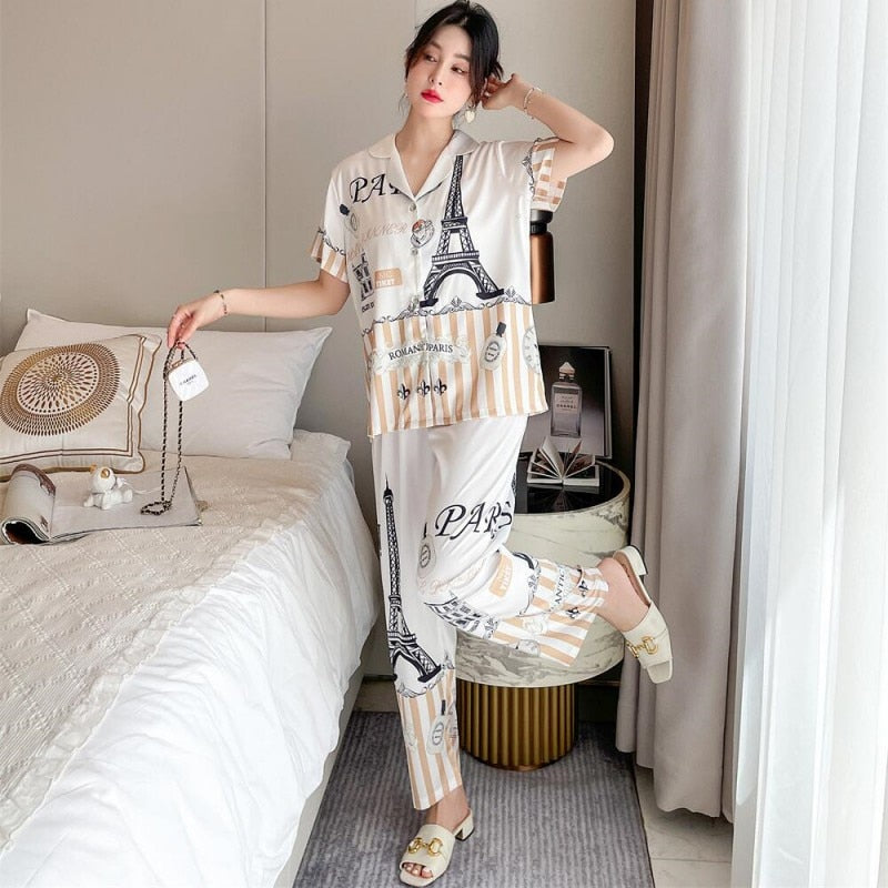 Women's Imitation Silk Pajamas Short Sleeve Pants Two-piece Set Spring Summer Fashion Thin Cardigan Large Home Suit