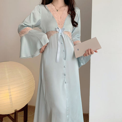 Load image into Gallery viewer, Women&#39;s Pajamas Sexy Long Dress Bell Sleeve Silk Like Homewear Deep V Skirt Sexy Lace Dress Sleepdress Nightgown Femme
