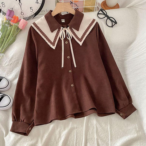 Load image into Gallery viewer, Sweet Peter Pan Collar Women Shirts Fashion Button Up Lace Up White Shirt Loose Designed Student Fall Long Sleeve Tops
