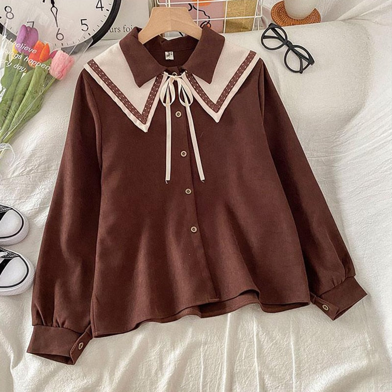 Sweet Peter Pan Collar Women Shirts Fashion Button Up Lace Up White Shirt Loose Designed Student Fall Long Sleeve Tops