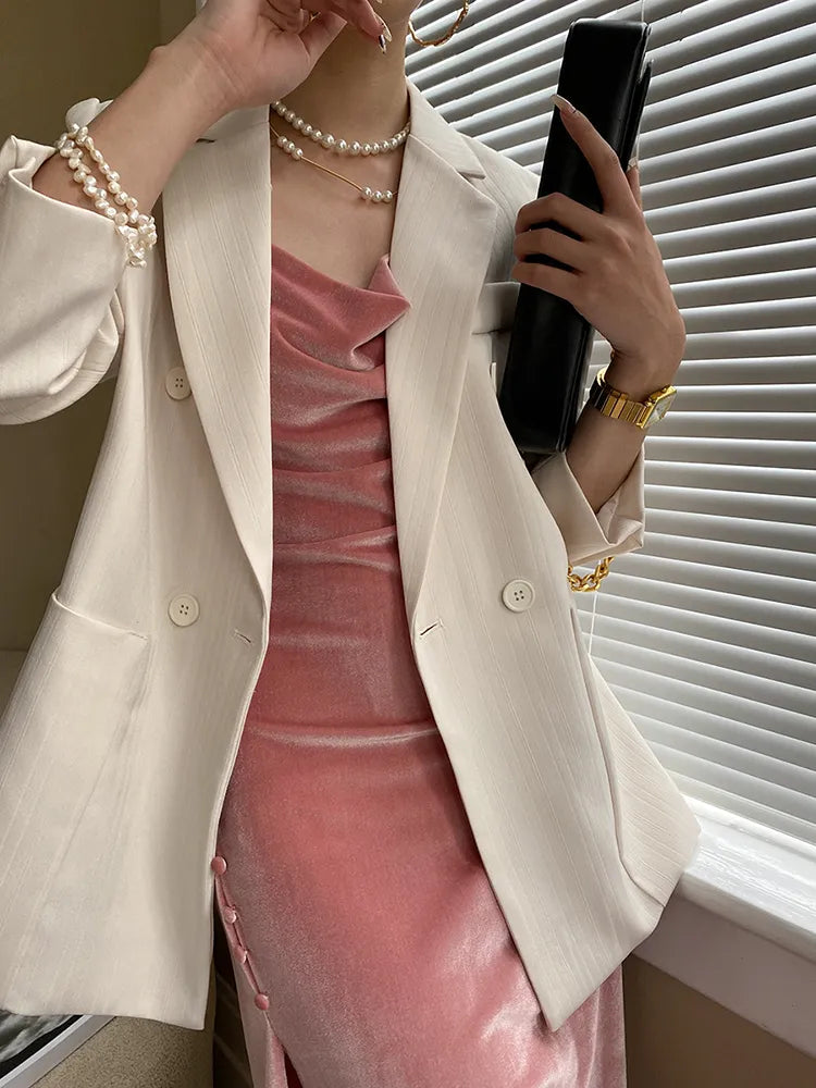 Solid Patchwork Button Blazers For Women Notched Collar Long Sleeve Slim Blazer Female Fashion Clothing