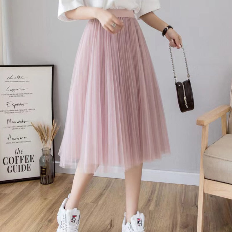 Elegant Women Tulle Skirt  Korean Fashion Mesh White A Line Ladies Pleated Skirt Summer Chic High Waist Black Party Faldas