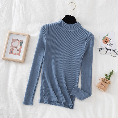 Load image into Gallery viewer, Autumn Women Pullover Sweater Half Turtleneck Long Sleeve Knitted Jumper Winter Elastic Solid Basic Ladies Blouse
