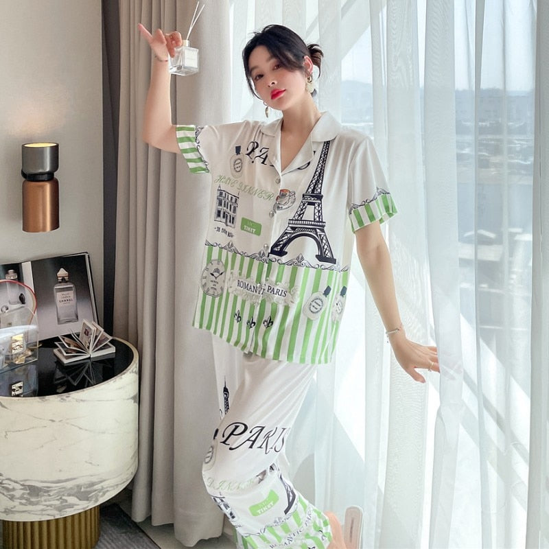 Women's Imitation Silk Pajamas Short Sleeve Pants Two-piece Set Spring Summer Fashion Thin Cardigan Large Home Suit