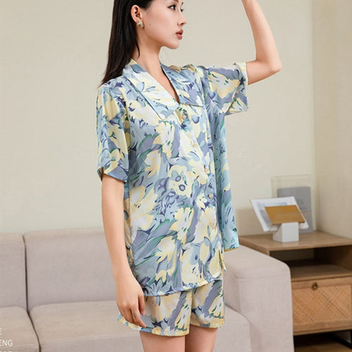 Load image into Gallery viewer, Women&#39;s Imitation Silk Pajamas Summer Gradient Flower Printing Short Sleeved Shorts Home Suit Comfortable Loose Homewear
