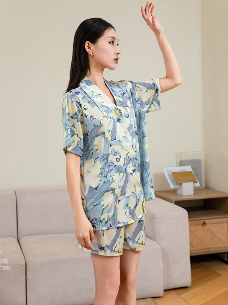 Women's Imitation Silk Pajamas Summer Gradient Flower Printing Short Sleeved Shorts Home Suit Comfortable Loose Homewear