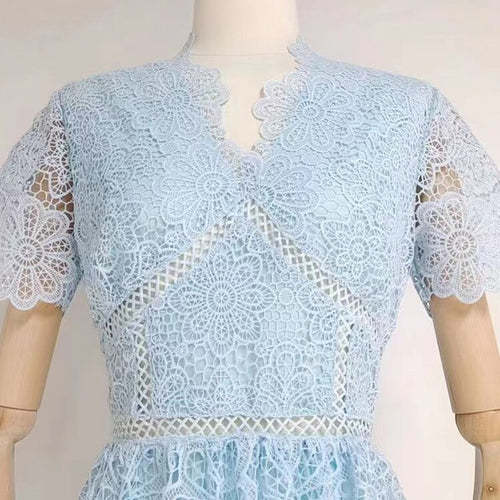 Load image into Gallery viewer, Lace Panel Solid Dress For Women V Neck Short Sleeve High Waist Loose Vintage Midi Dresses Female Summer Clothing
