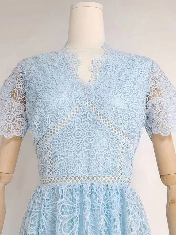 Lace Panel Solid Dress For Women V Neck Short Sleeve High Waist Loose Vintage Midi Dresses Female Summer Clothing