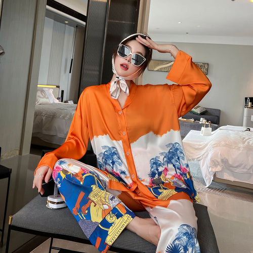 Load image into Gallery viewer, Women&#39;s Pajamas Set Luxury Orange Coconut Print Sleepwear Silk Like Homewear V Neck Nightwear Leisure Loungewear
