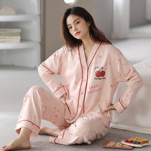 Load image into Gallery viewer, Women&#39;s Pajamas Set Cotton Cute Cartoon Print Sleepwear V Neck Homewear Casual Nightwear Femme Nightie for Girl
