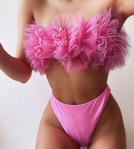 Bandeau Mid Waist Bikini Female Swimsuit Women Swimwear Two-piecs Bikini set Flower Strapless Bather Bathing Suit Swim V2080P