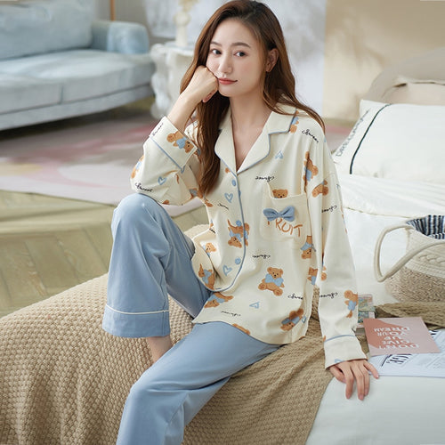 Load image into Gallery viewer, High Quality Women&#39;s Pajamas Set Fashion Cartoon Print Leisure Cotton Sleepwear Long Casual Homewear Nightwear Femme 3XL
