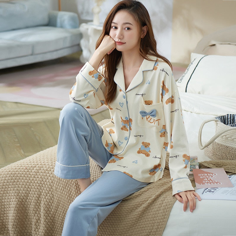 High Quality Women's Pajamas Set Fashion Cartoon Print Leisure Cotton Sleepwear Long Casual Homewear Nightwear Femme 3XL