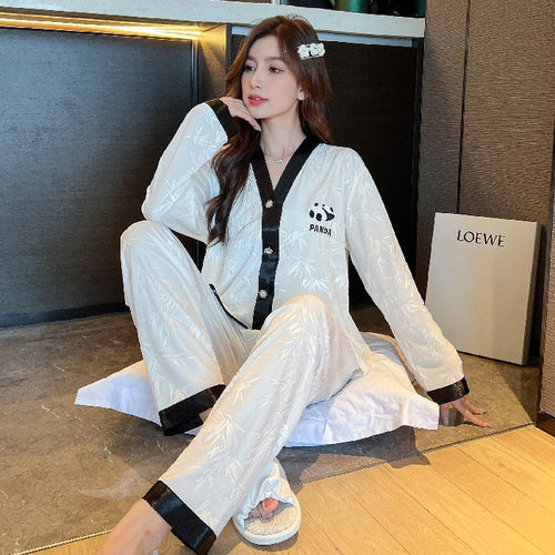 Load image into Gallery viewer, Women&#39;s Pajamas Set Velvet Panda and Bamboo Pattern Sleepwear Casual Homewear V Neck Nightwear Pyjama Femme Petite
