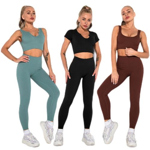 Load image into Gallery viewer, Gym Set Summer 2 Piece Outfit Ribbed Sport Bra Leggings Seamless Workout Set Fitness Active Wear Tracksuit Women Yoga Clothing
