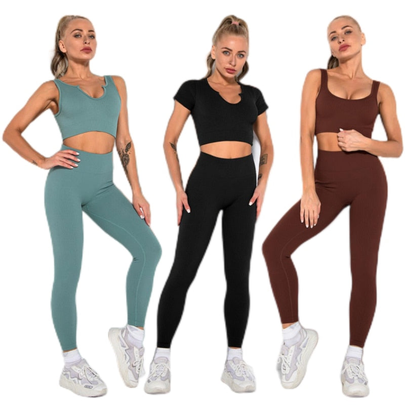 Gym Set Summer 2 Piece Outfit Ribbed Sport Bra Leggings Seamless Workout Set Fitness Active Wear Tracksuit Women Yoga Clothing