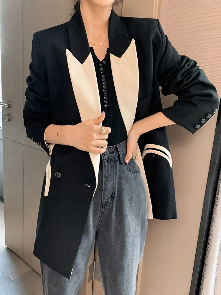 Black Blazers For Women Notched Long Sleeve Loose Patchwork Pocket Temperament Blazer Females Autumn Clothing