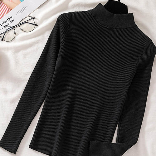 Load image into Gallery viewer, Autumn Women Pullover Sweater Half Turtleneck Long Sleeve Knitted Jumper Winter Elastic Solid Basic Ladies Blouse
