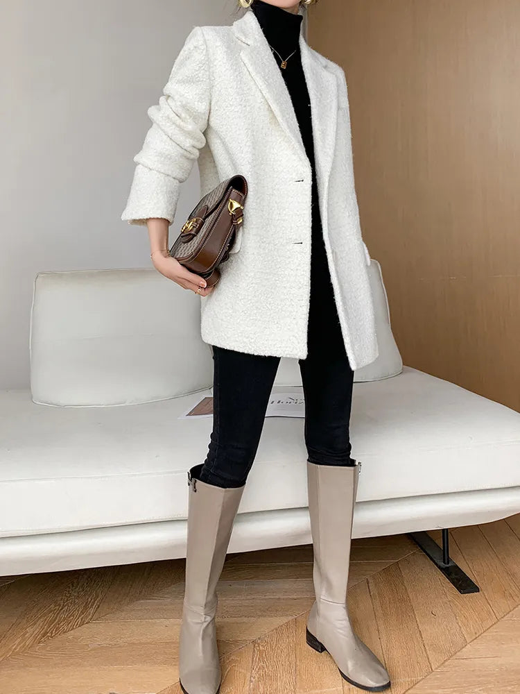 Fashion White Blazers For Women Notched Long Sleeve Patchwork Pocket Single Breasted Loose Blazer For Women