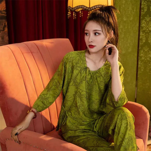 Load image into Gallery viewer, Women&#39;s Silk Like Pajamas Fashion Chinese Style Jacquard Home Clothing Spring Summer Long Sleeve Pants Two Piece Set
