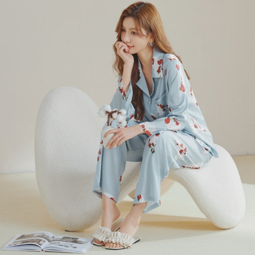 Load image into Gallery viewer, Women&#39;s Pajamas Spring Summer Ice Silk Long-sleeved Pants Two Piece Home Clothes V-neck Printing Cartoon Casual Suit
