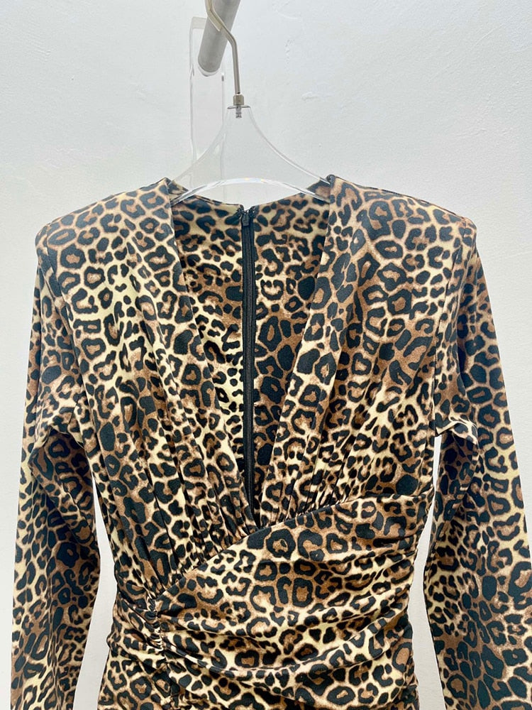 Hit Color Temperament Dresses For Women V Neck Long Sleeve Irregular Hem Leopard Dress Female Fashion Clothing