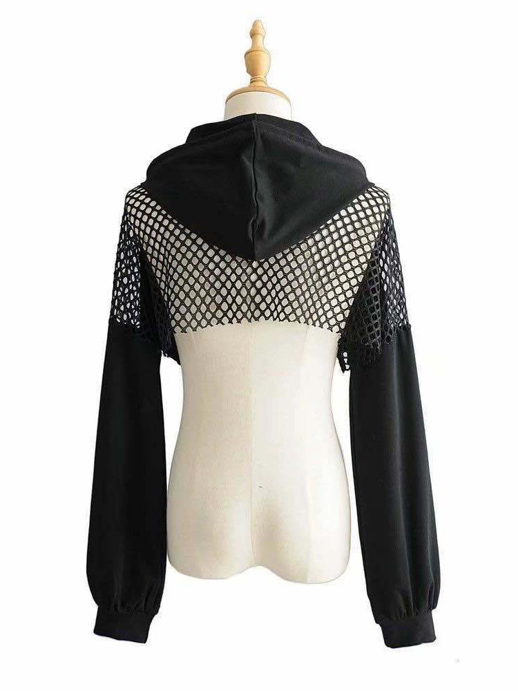Black Hoodies Women Sexy Hollow Out Long Sleeve Crop Tops Mesh Patchwork Short Sweatshirt Hooded Streetwear Fall Tops