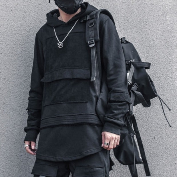 Harajuku Hoodie for Men Patchwork Design Black Sweatshirt Slim Autumn Dark Cotton Pullover Streetwear Men Clothing
