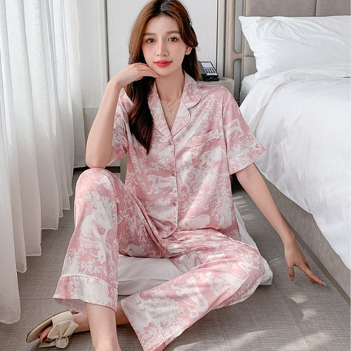 Load image into Gallery viewer, Women Pajamas Short Sleeve Pants Two Piece Set Summer Silk Thin Lapels Sweet Cardigans Large Size Casual Home Clothing
