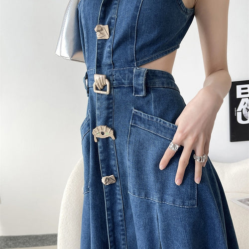 Load image into Gallery viewer, Hollow Out Denim Dress For Women Lapel Sleeveless High Waist Spliced Pockets Casual Dresses Female Clothes Fashion
